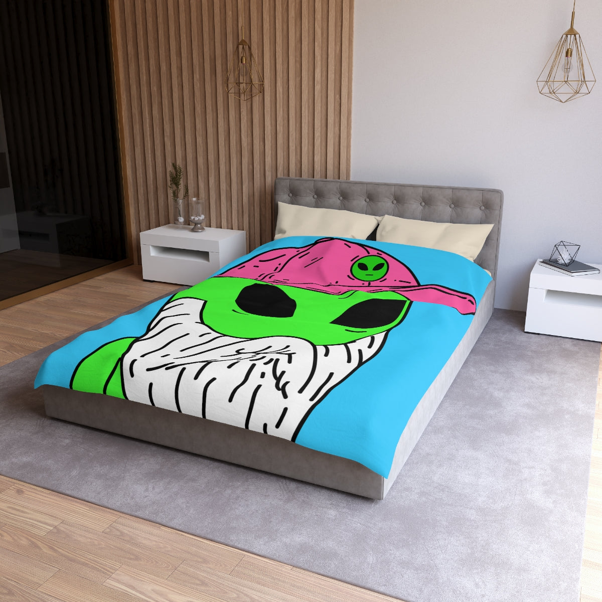 Bearded Green Visitor Pink Alien Hat Cartoon Comic Microfiber Duvet Cover