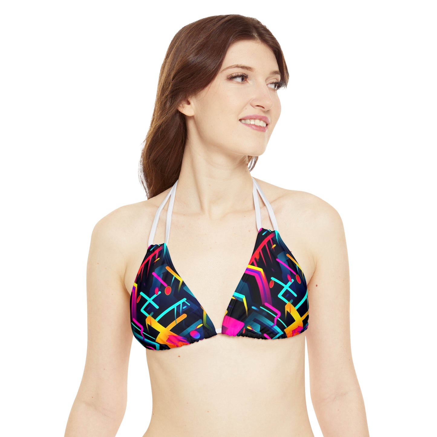 Vibrant Trendy Neon Abstract Geometric Pattern Design Strappy Bikini Set (AOP)