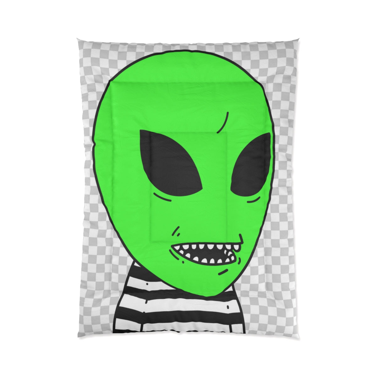 Green Alien Sharp Teeth Mouth Striped Black White Shirt Visitor Bed Comforter