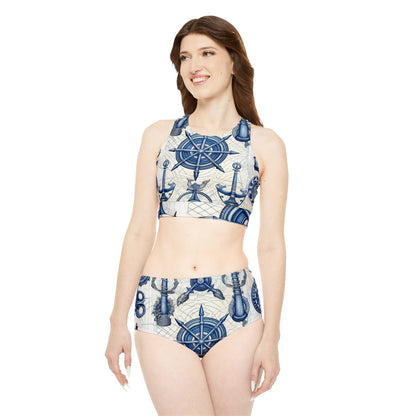 Nautical Theme Sporty Bikini Set - Anchors, Ropes, Compass Design (AOP)