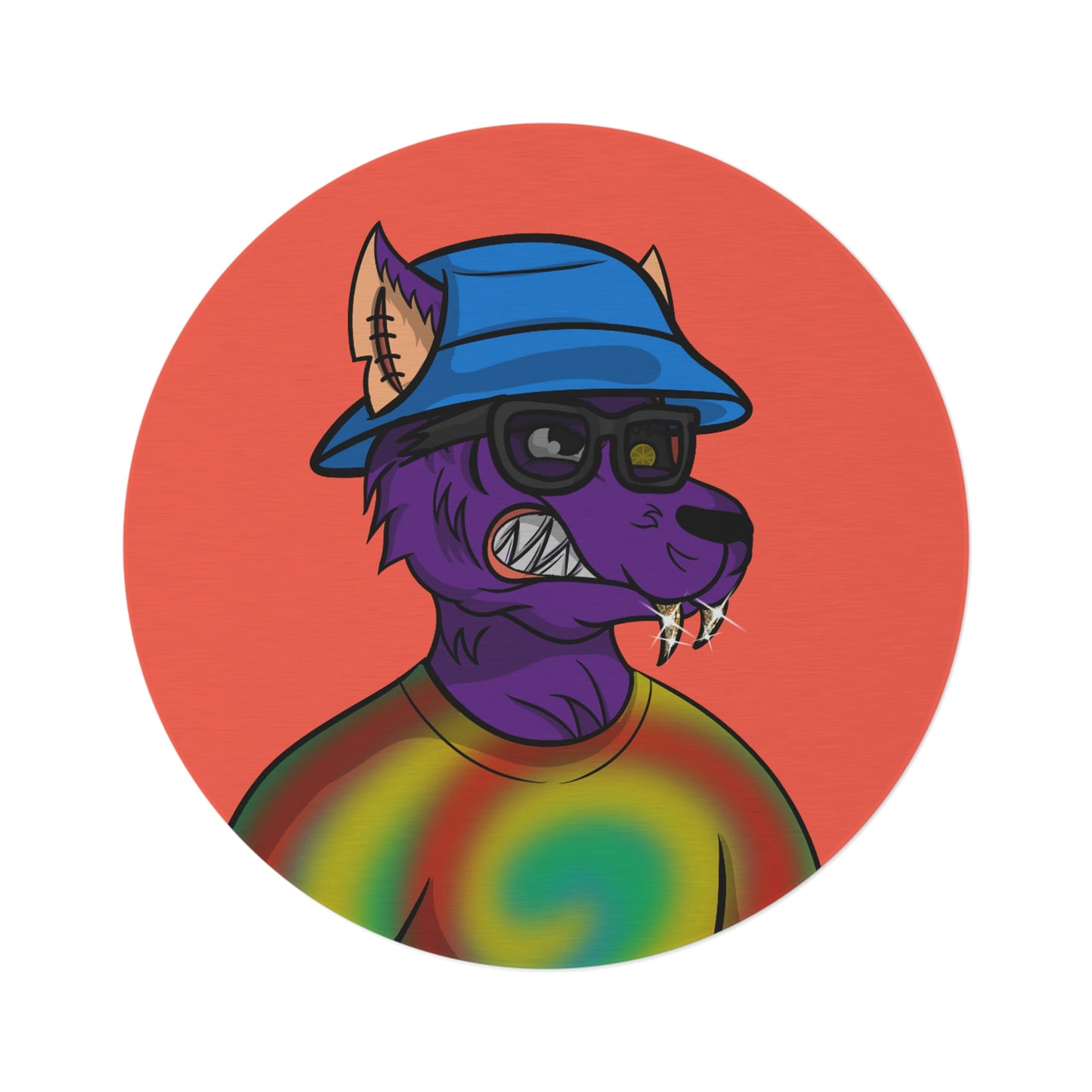 Wolf Cyborg Tie Dye Swirl Shirt Fange Teeth Blue Bucket Hat Purple Fur Round Rug