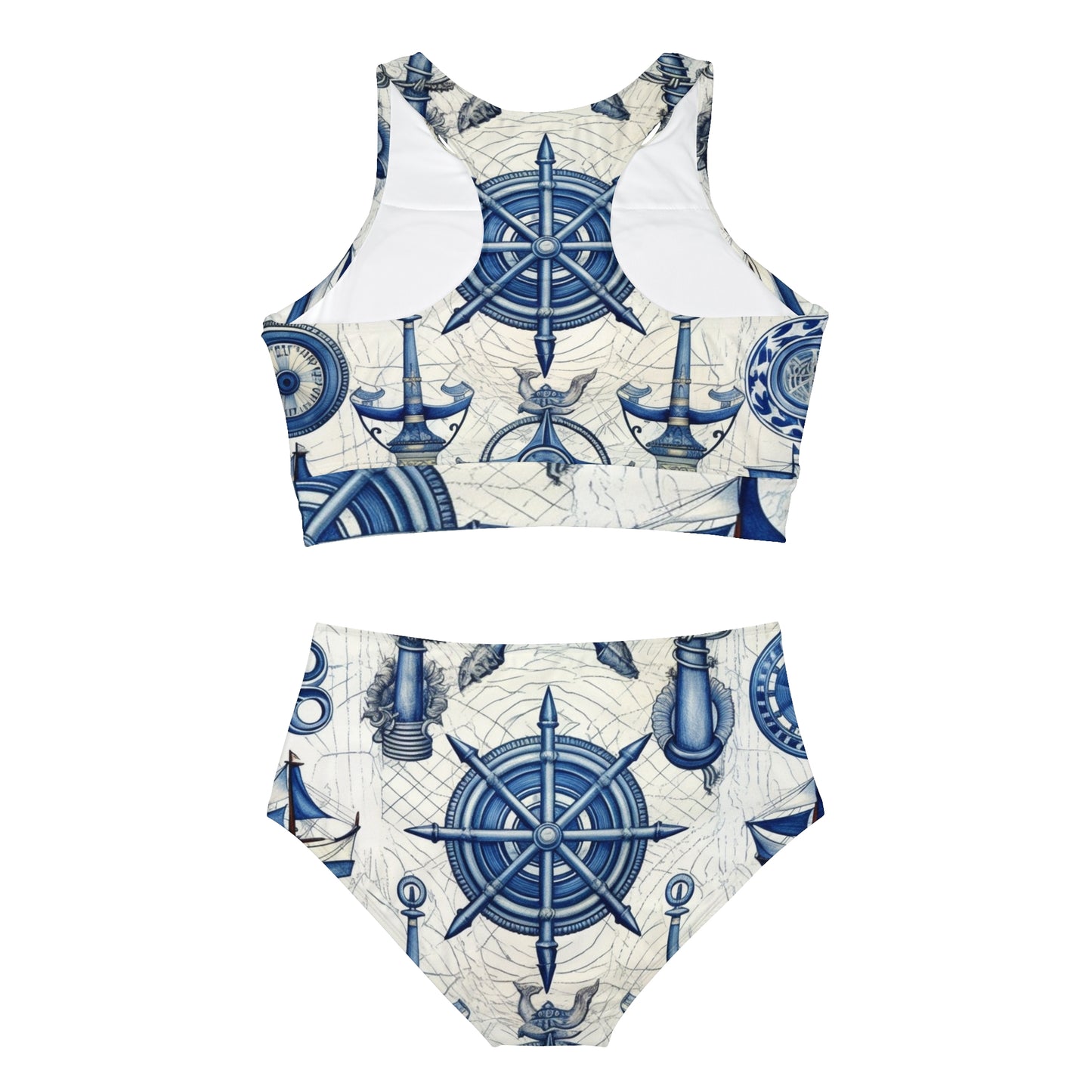 Nautical Theme Sporty Bikini Set - Anchors, Ropes, Compass Design (AOP)