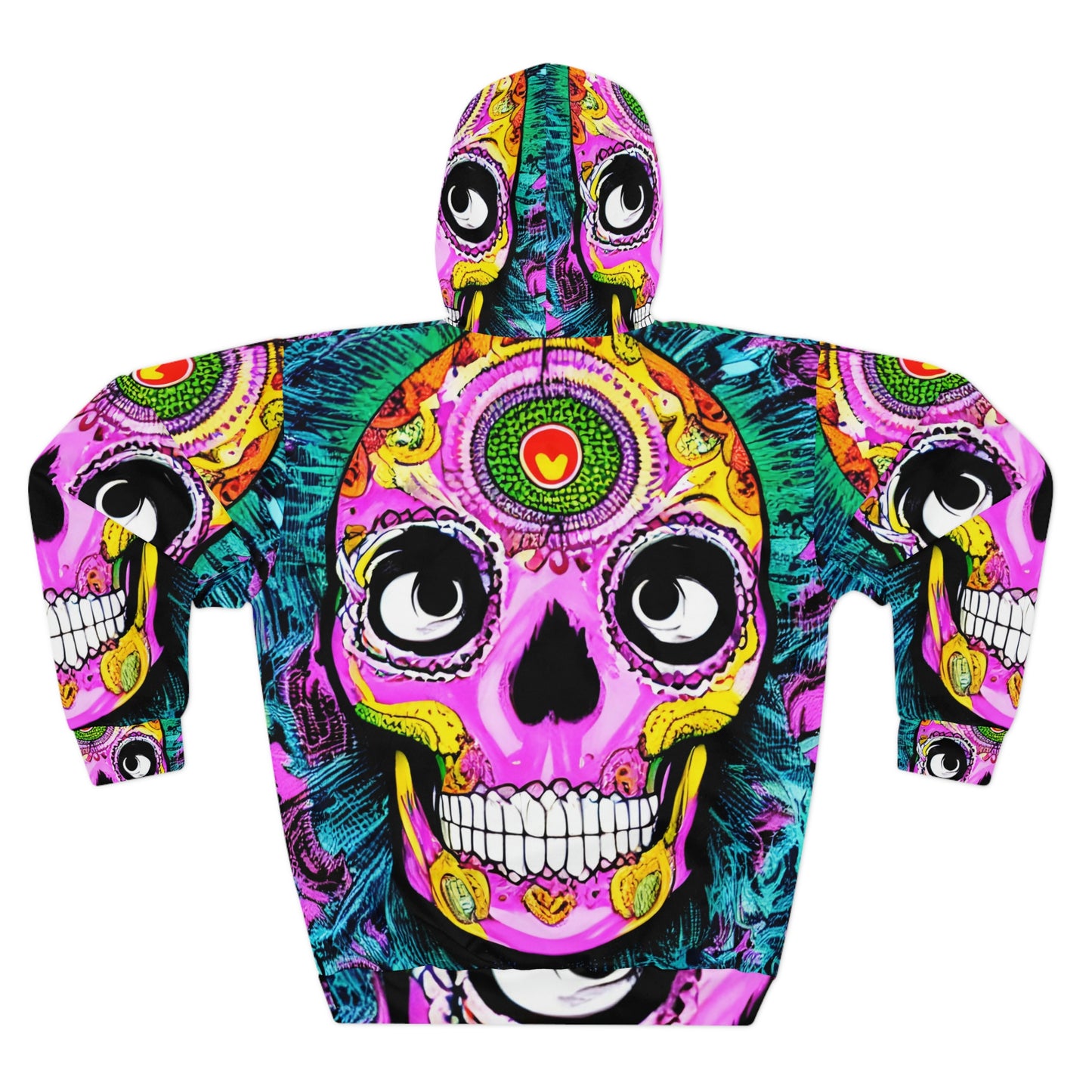 Trippy psicodélico cráneo esqueleto cabeza cara AOP unisex sudadera con capucha 