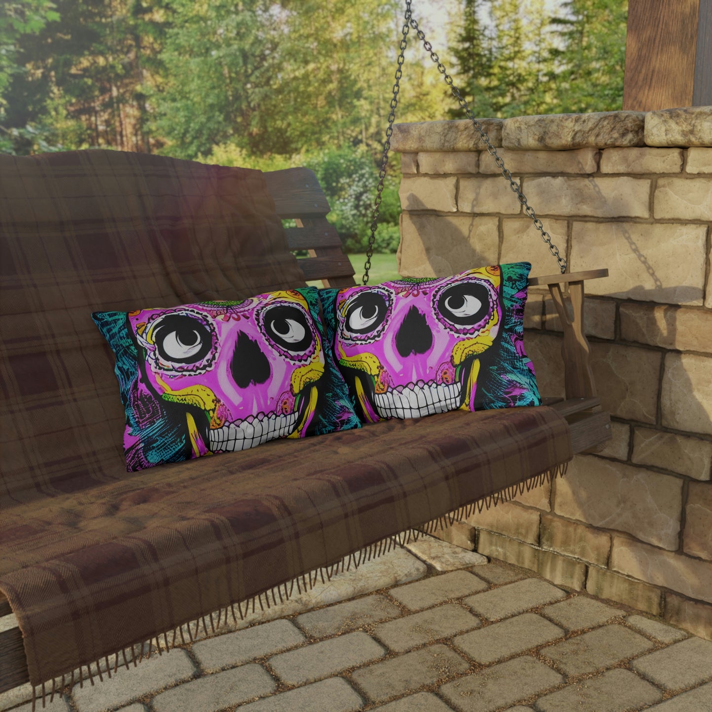 Trippy psychedelic Skull Skeleton Head Face Outdoor Pillows