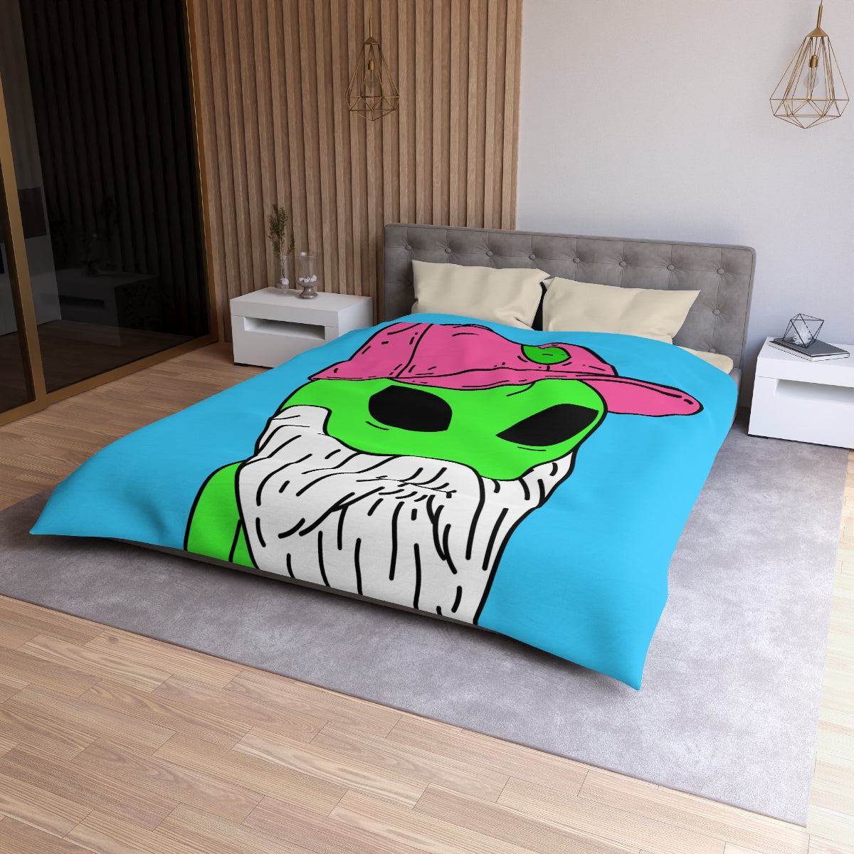 Bearded Green Visitor Pink Alien Hat Cartoon Comic Microfiber Duvet Cover