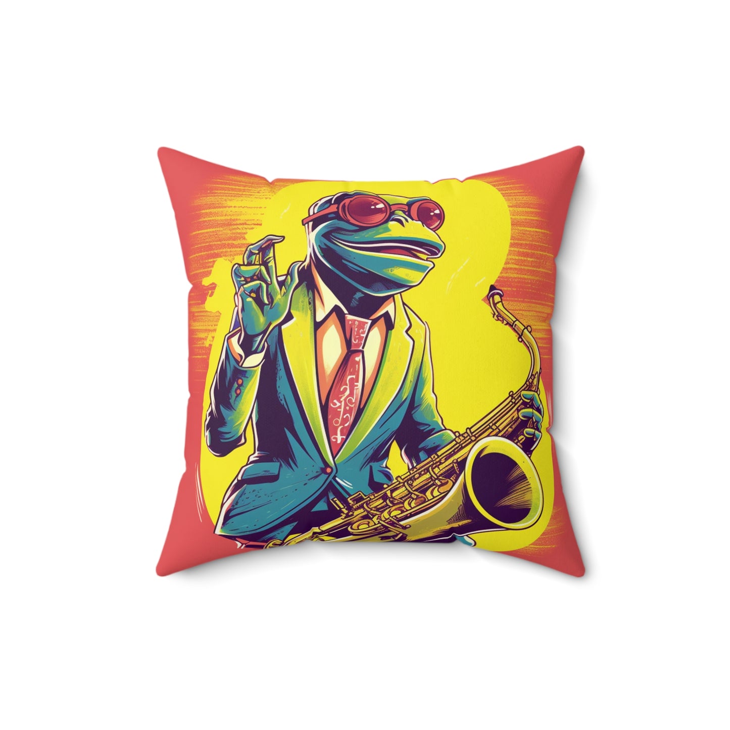 Frog Playing Saxophone Instrument Music Graphic Spun Polyester Square Pillow