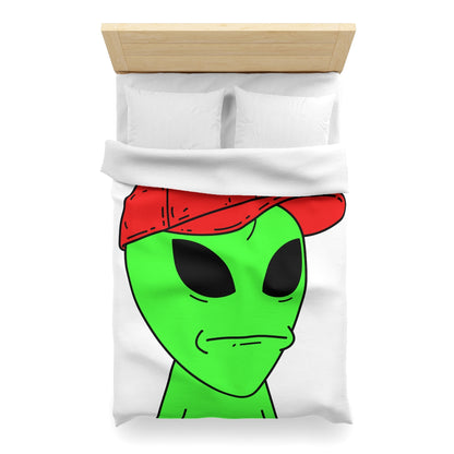 Green Visitor Alien Large Face Red V Hat Microfiber Duvet Cover