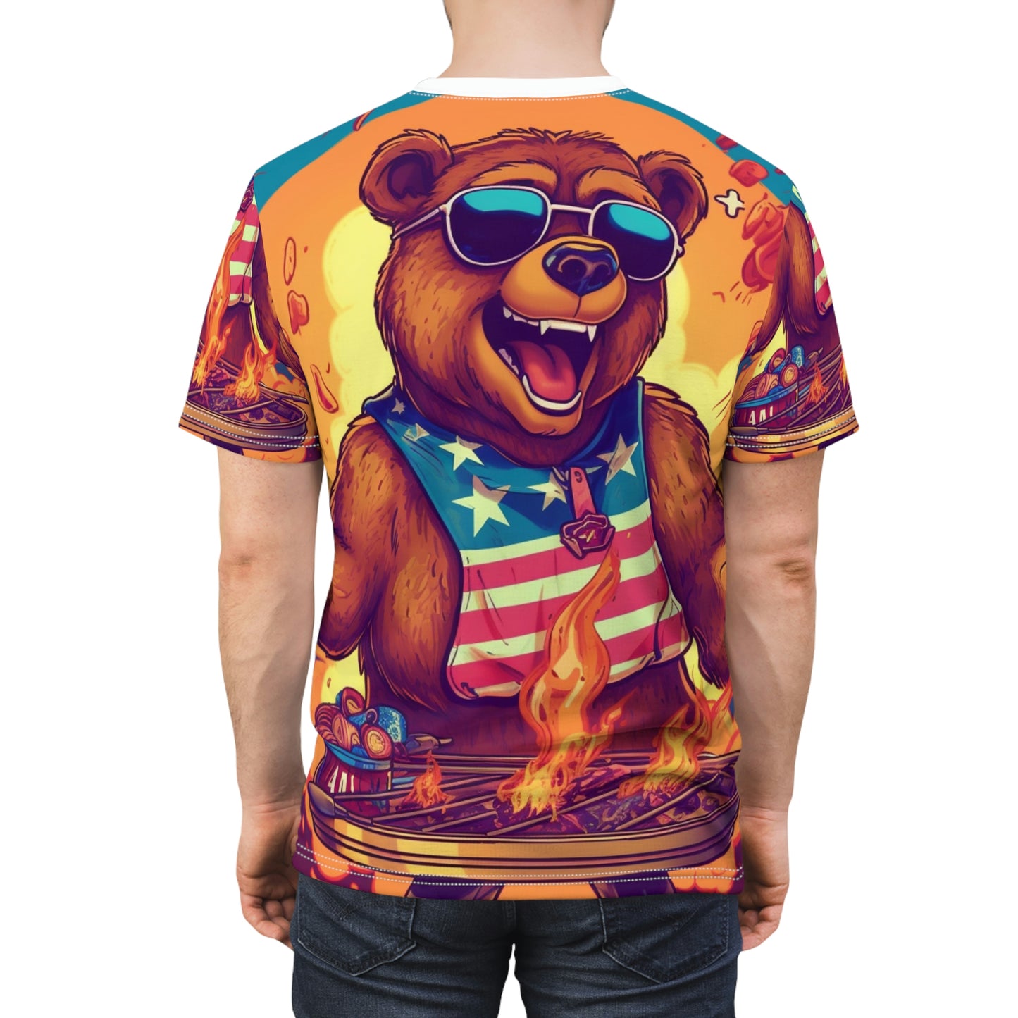 Grill Like a Patriot: Celebrate 4th of July with Patriotic Bear's Culinary Chef Unisex Cut & Sew Tee (AOP)