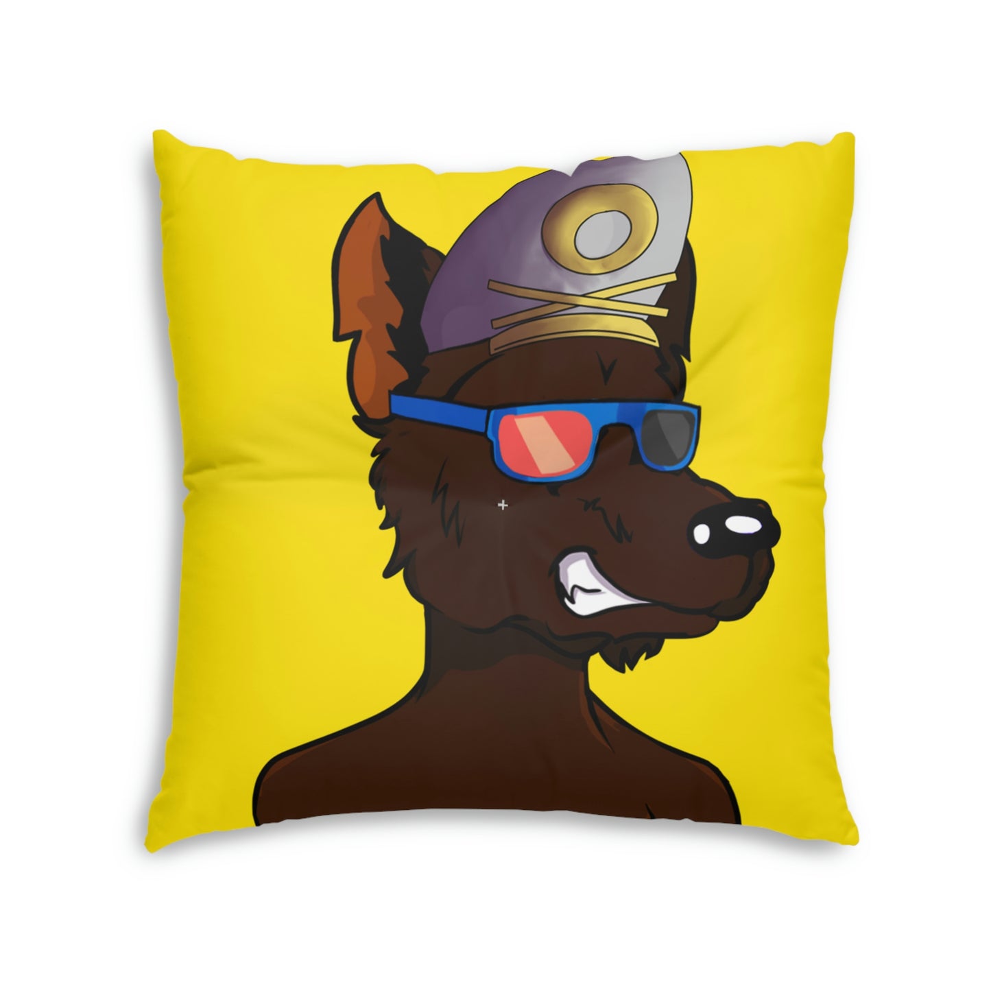 Wolf Cyborg Sailor Hat Shirtless Sunglasses Brown Fur Tufted Floor Pillow, Square