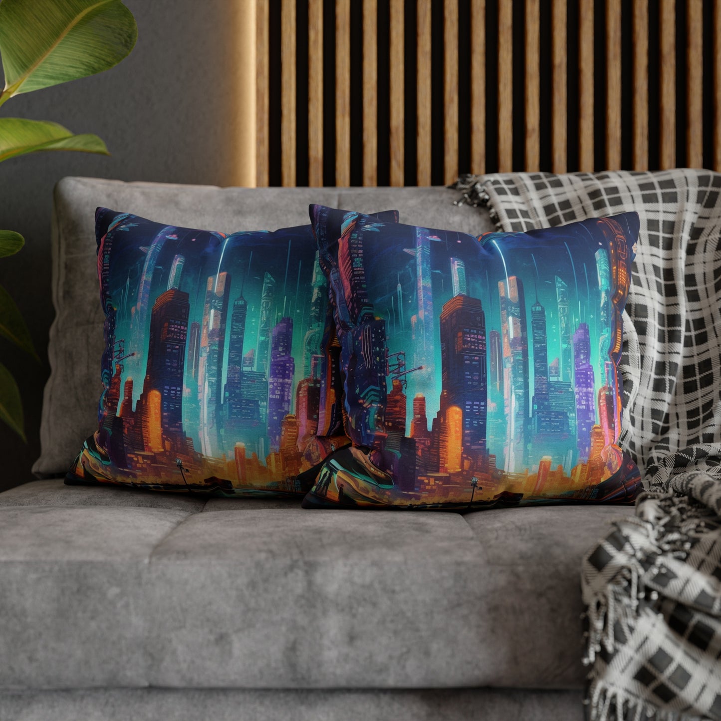 Futuristic Neon Cyberpunk Cityscape Art Design Spun Polyester Square Pillow Case