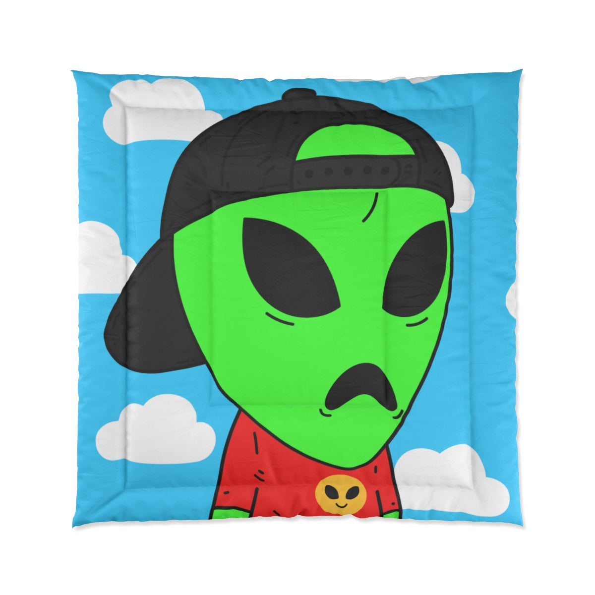 Green Alien Large V Mouth Black Cap Red Visi T Shirt Visitor Bed Comforter