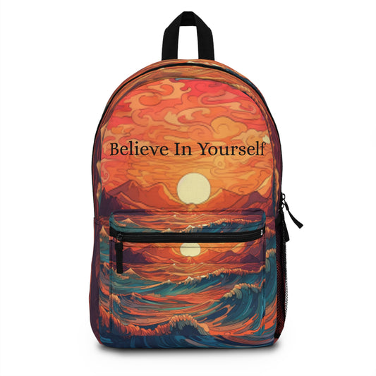 Inspirador 'Cree en ti mismo' - Sunrise Ocean Art Mochila