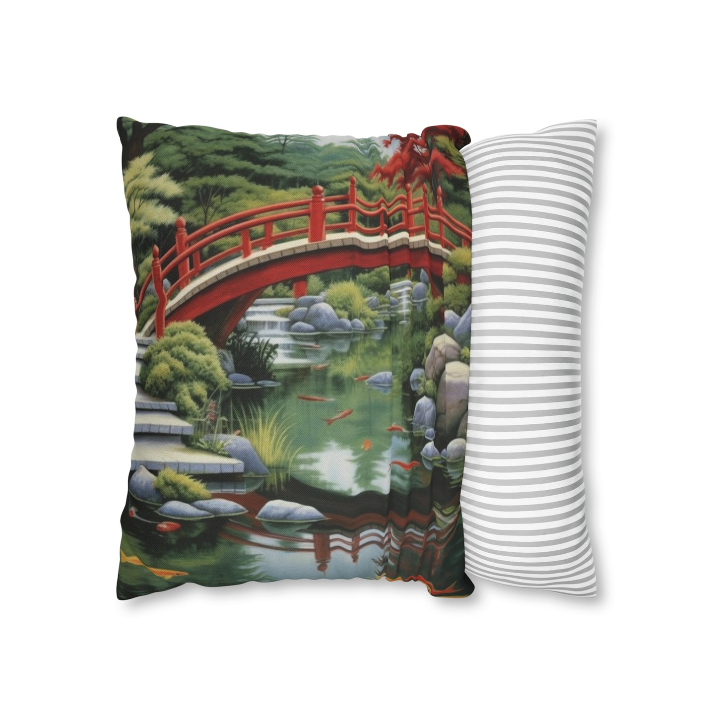 Japanese Garden Art - Tranquil Koi Pond Red Bridge Spun Polyester Square Pillow Case