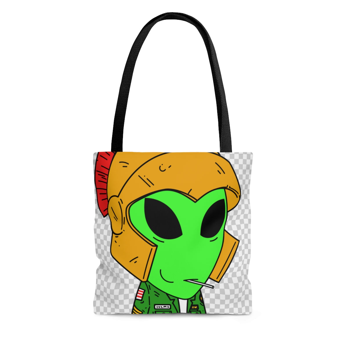 Spartan Helmet Military Jacket Lolipop Mouth Green Alien Visitor AOP Tote Bag