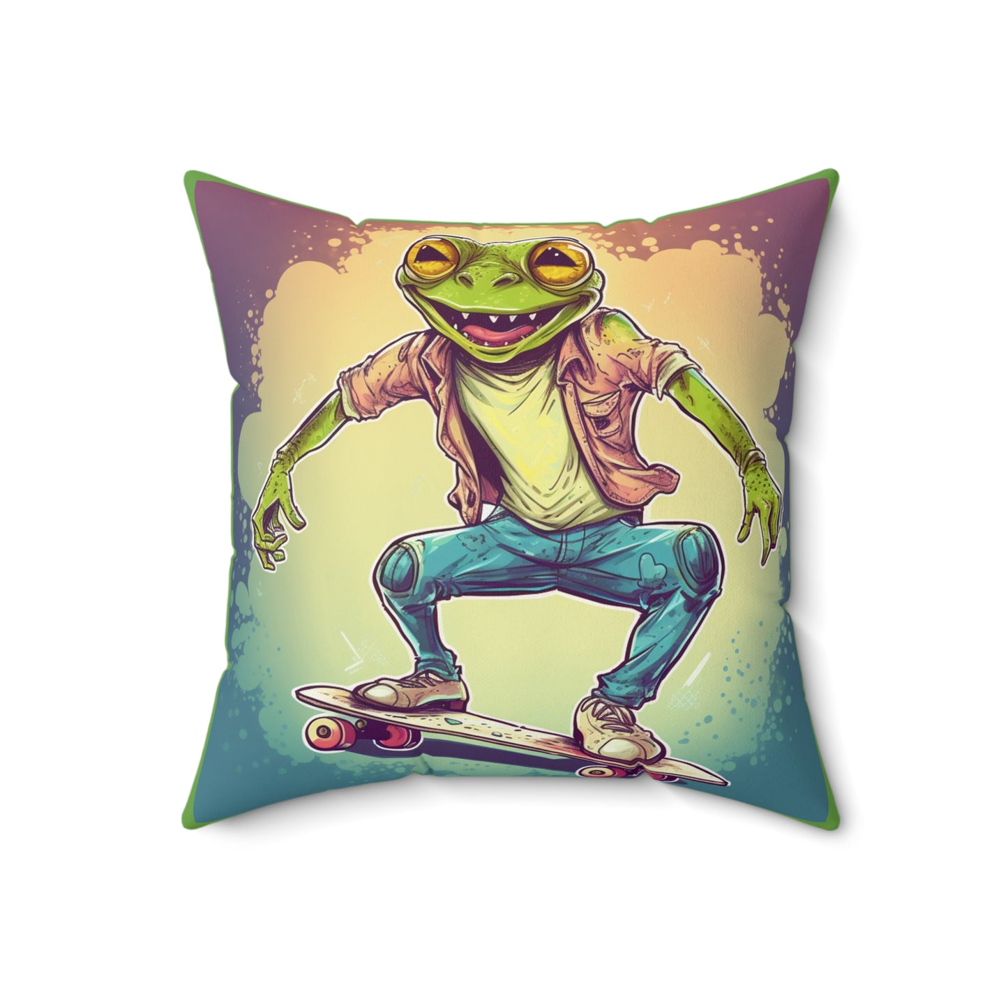 Frog Skateboard Trick Amphibian Sport Graphic Spun Polyester Square Pillow