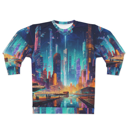 Sudadera unisex futurista de neón Cyberpunk Cityscape Art Design (AOP)