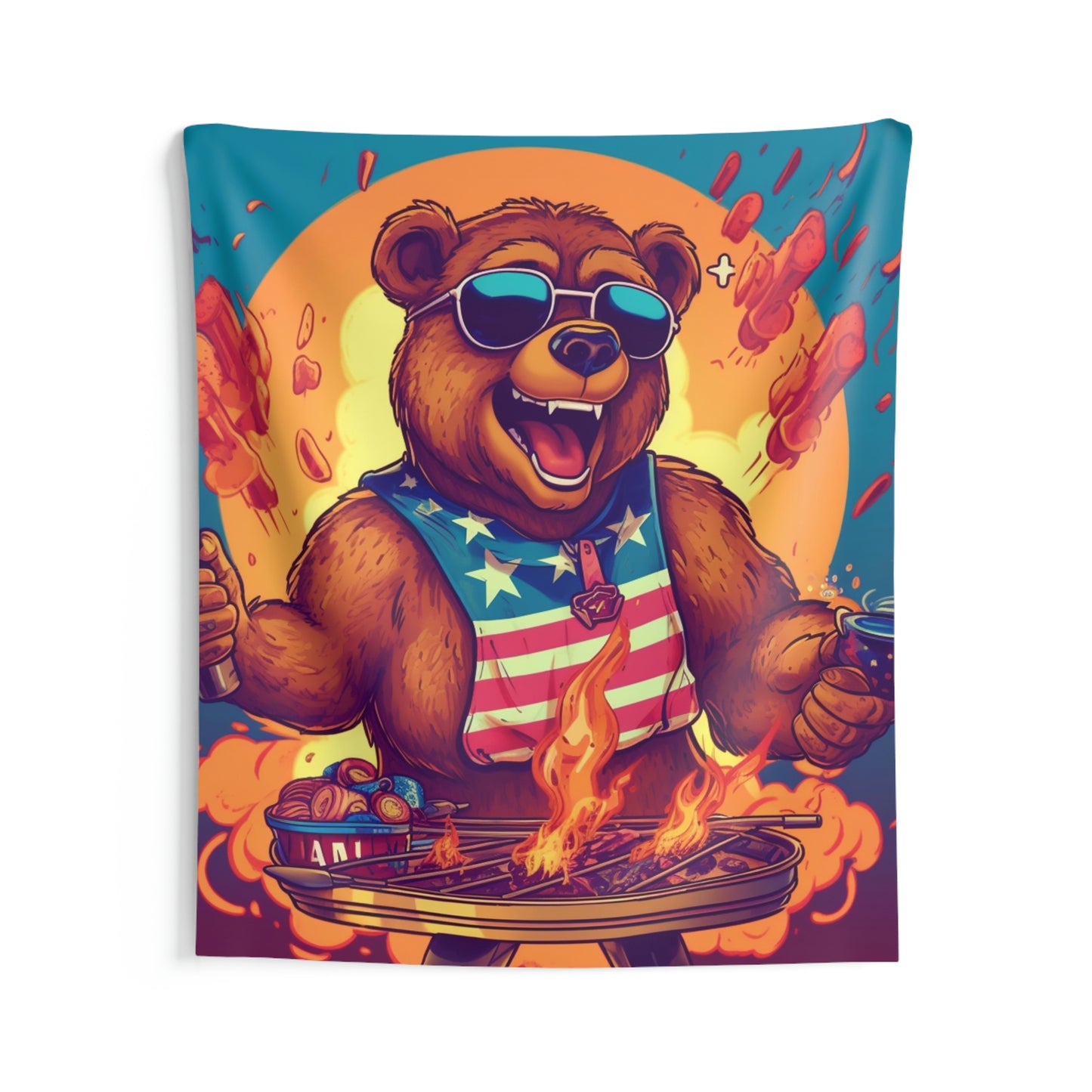 Grill Like a Patriot: Celebrate 4th of July with Patriotic Bear's Culinary Chef Indoor Wall Tapestries