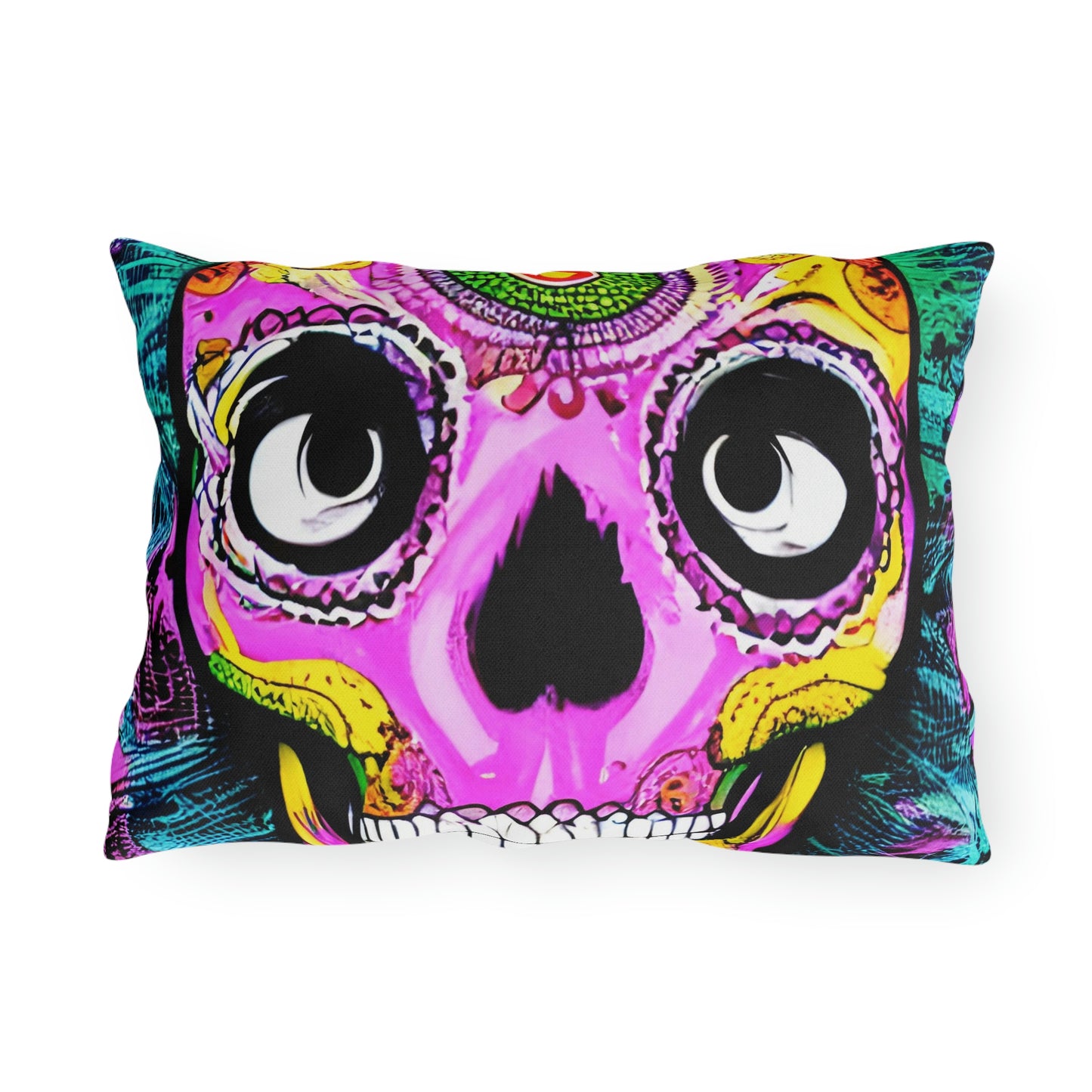 Trippy psychedelic Skull Skeleton Head Face Outdoor Pillows