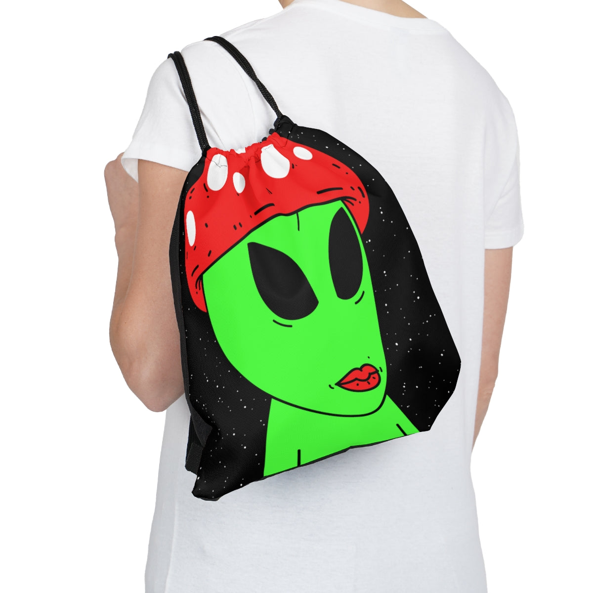 Mushroom Head Green Alien Visitor w/ Red Lips Outdoor Drawstring Bag