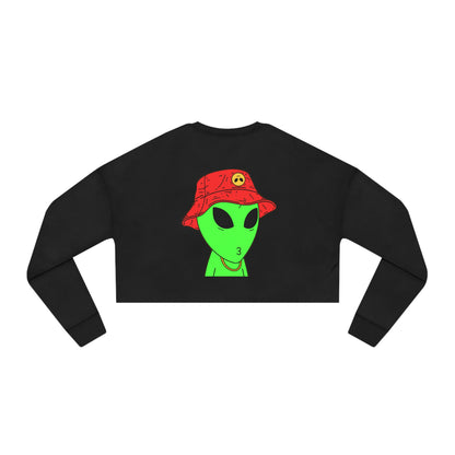 Visitor Green Alien Kiss Face Gold Chain Red Hat Women's Cropped Sweatshirt