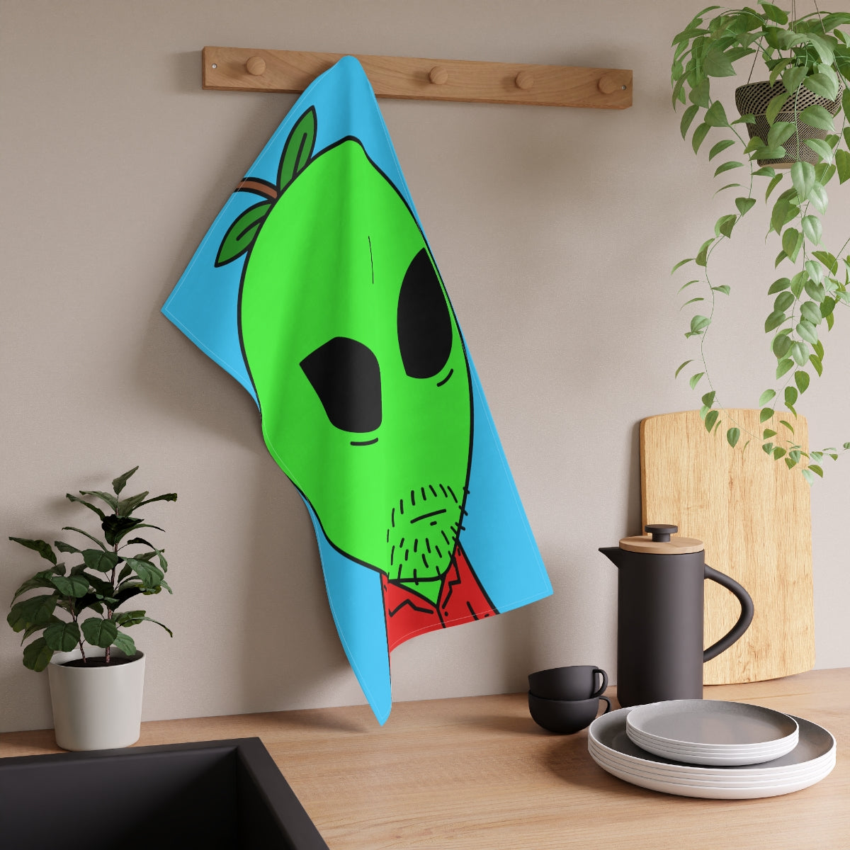 Alien con cabeza de manzana verde, camisa con cuello rojo sin afeitar, toalla de cocina para visitante 