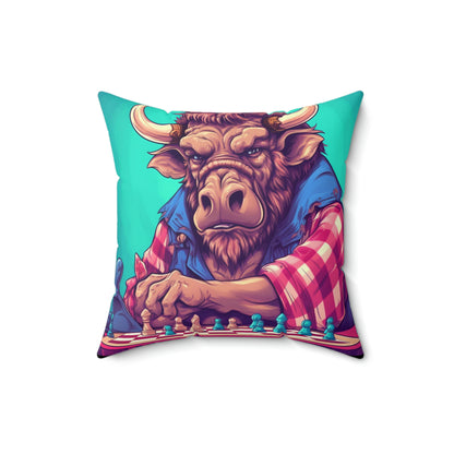 Chess Game Champ Master Bison Buffalo Style Spun Polyester Square Pillow