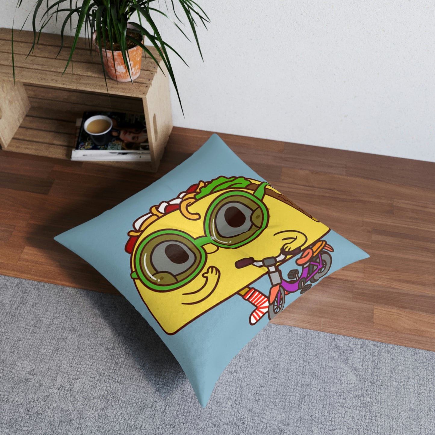 Bike Ride Scooter Taco Tufted Floor Pillow, Square