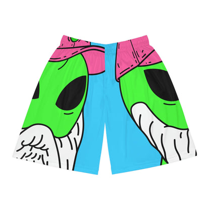 Beard Visitor Pink Hat Alien Cartoon Basketball Shorts (AOP)