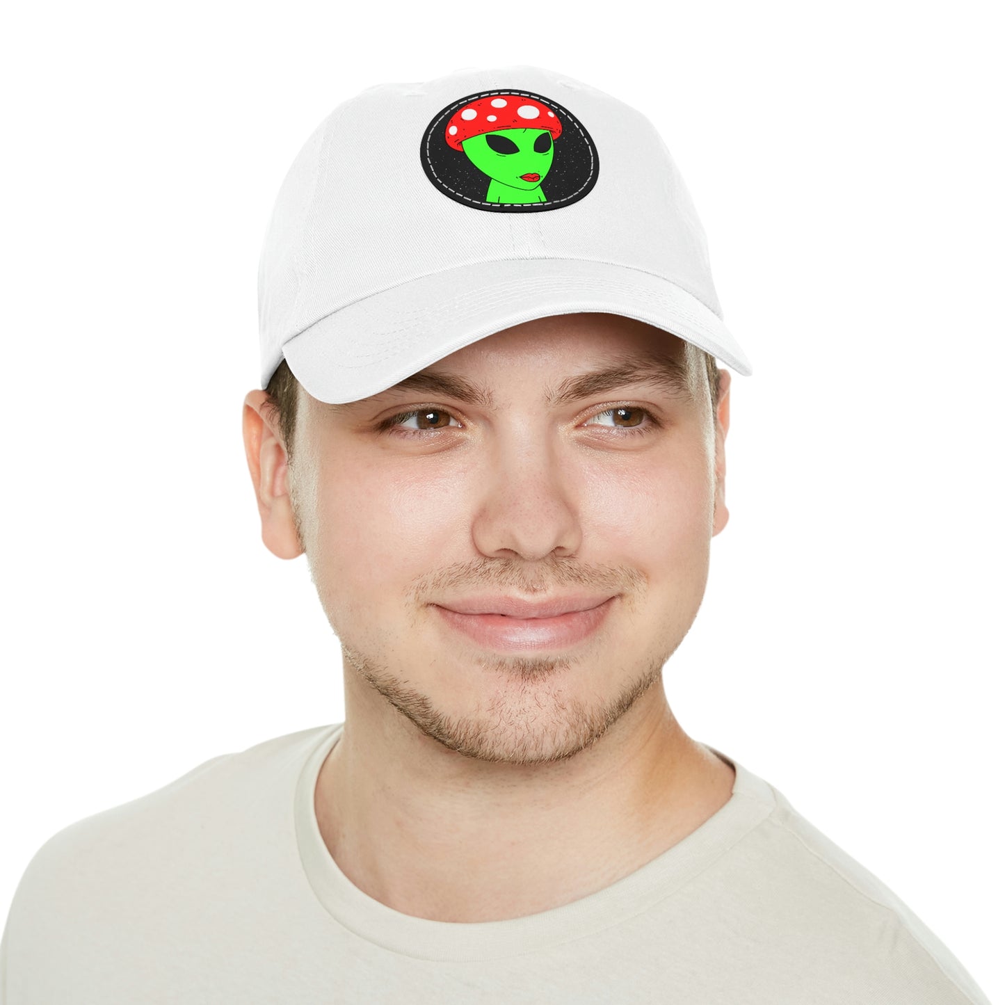 Mushroom Head Green Alien Visitor w/ Red Lips Dad Hat with Leather Patch (Round)