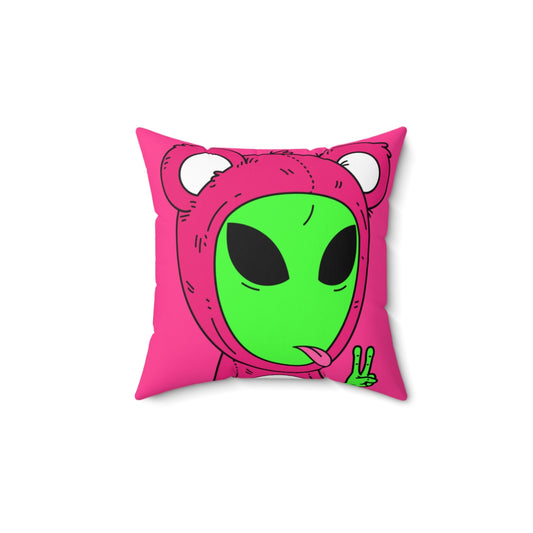 Pink Bear Green Peace Hand Tongue Visitor Alien Spun Polyester Square Pillow