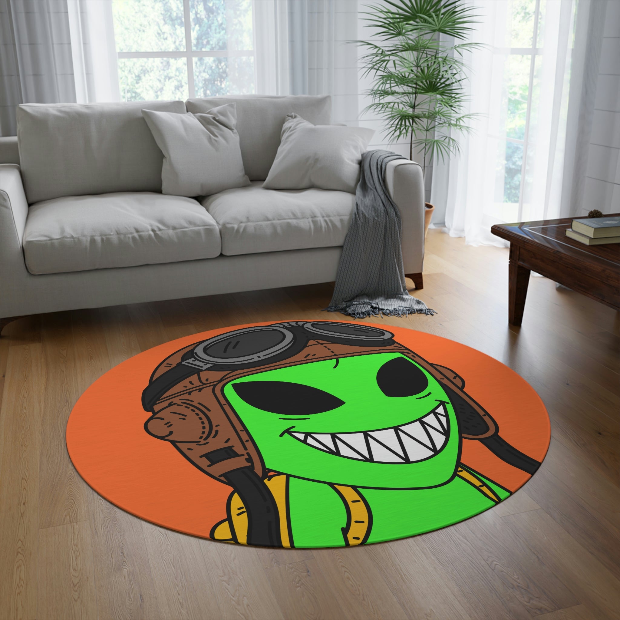 Green Visitor top Alien Large Face Red V Hat Round Rug