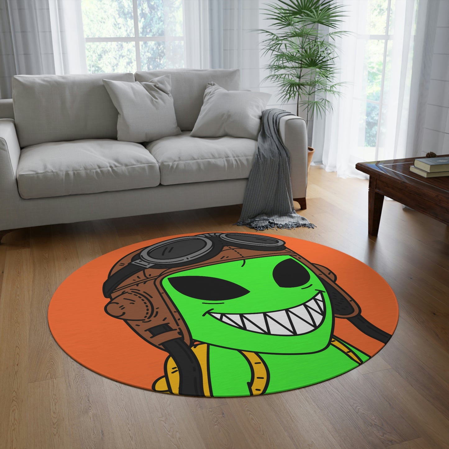 Aviator Flying Cap Green Alien Visitor Big Smile Teeth Yellow Backpack Round Rug - Visitor751