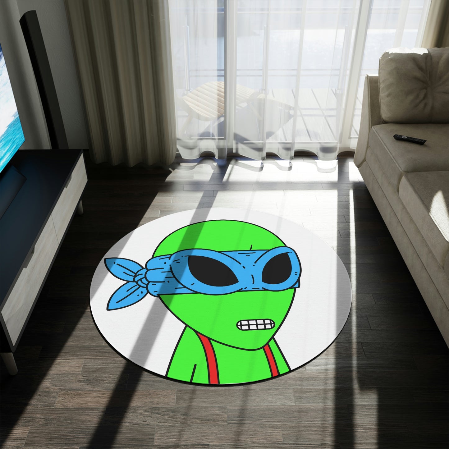 Green Alien Blue Ninja Mask Red Suspenders Visitor Round Rug - Visitor751