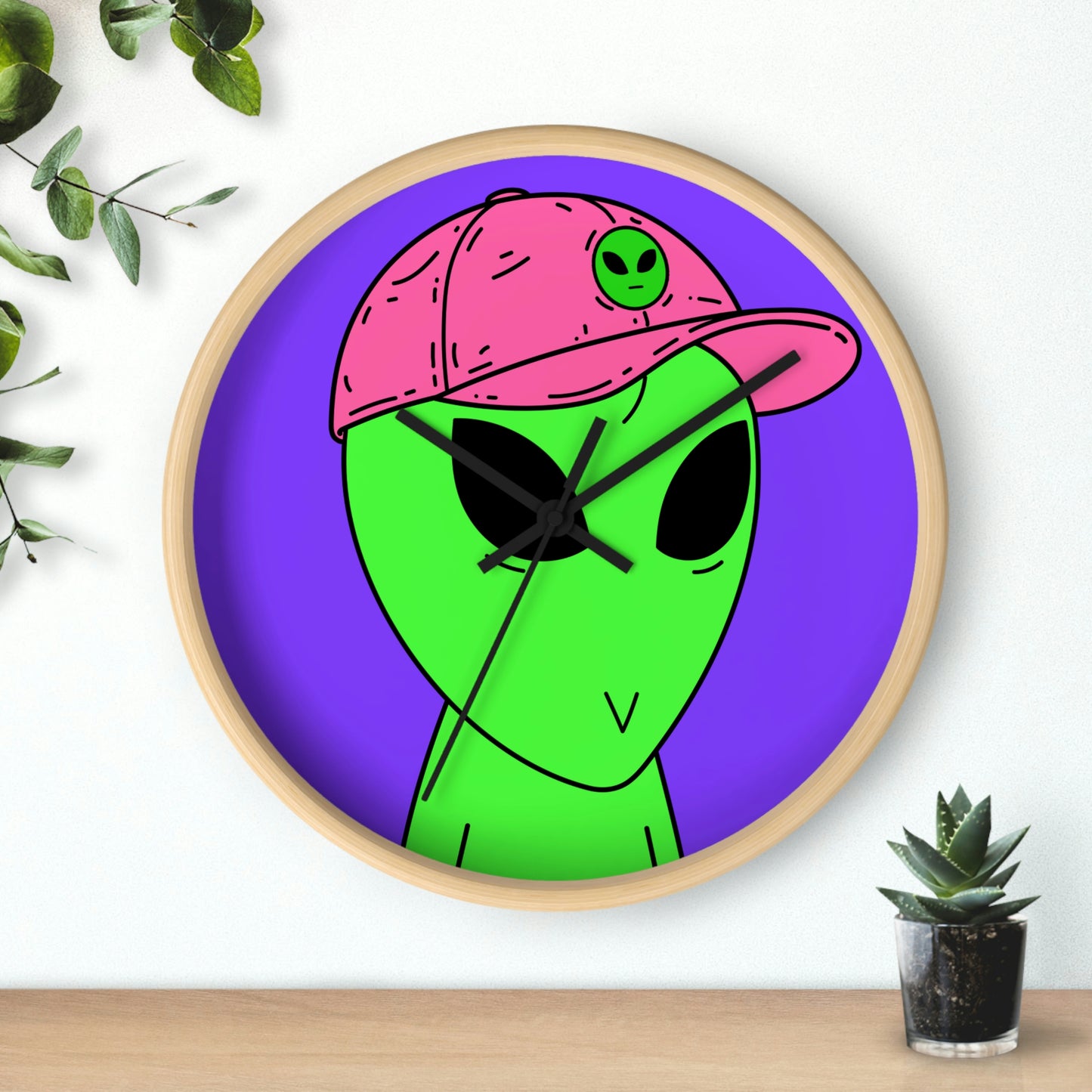 Green Alien V Face Pink Visi hat Visitor Wall clock