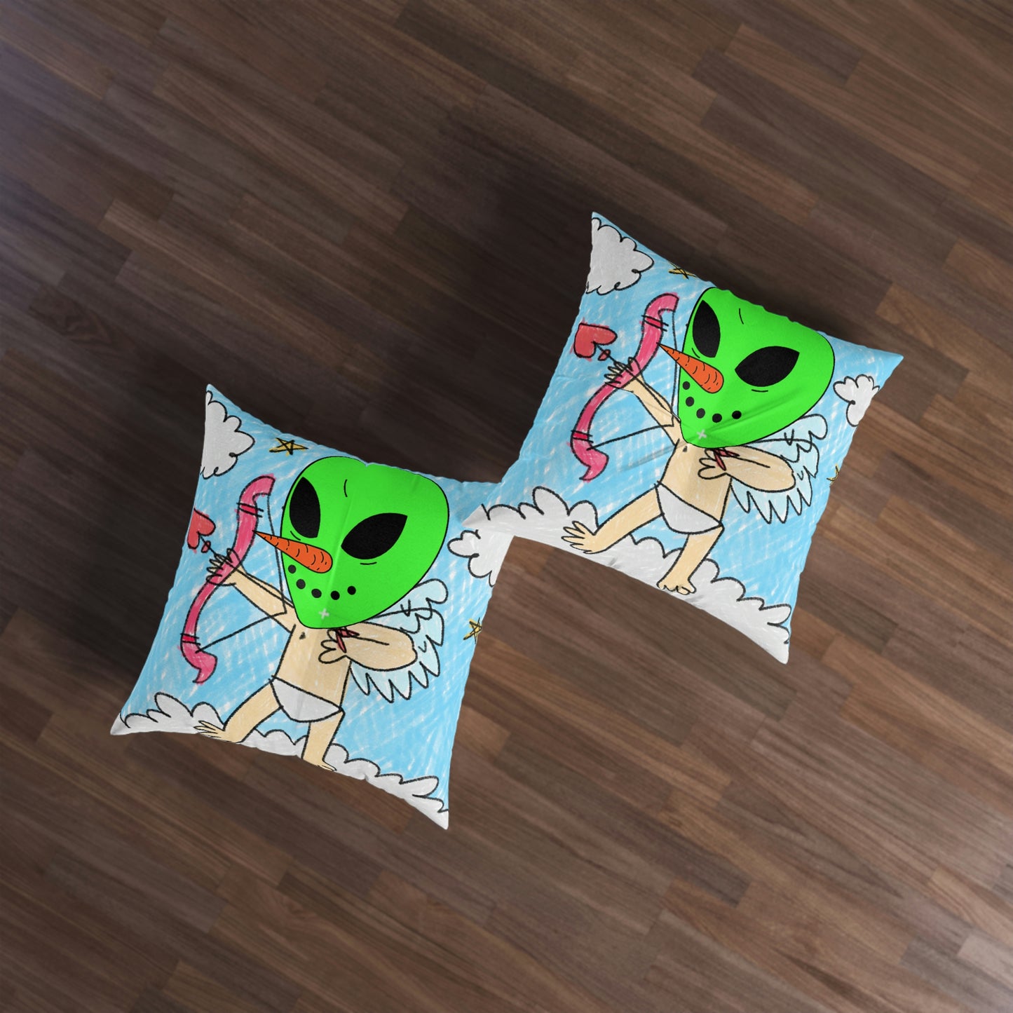 Valentine Alien Heart Love Veggie Visi Vegetable Visitor Tufted Floor Pillow, Square