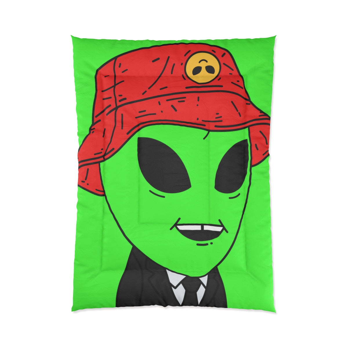 Extra Green Alien Black Suit Business Visitor Red Visi Hat Chipped Tooth Smile Bed Comforter