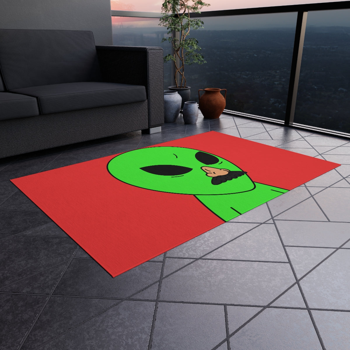 Green Visitor Alien Disguised Fake Nose Outdoor Rug