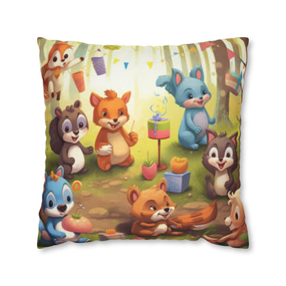 Nursery Art - Cartoon Forest Animals Party Design Spun Polyester Square Pillow Case