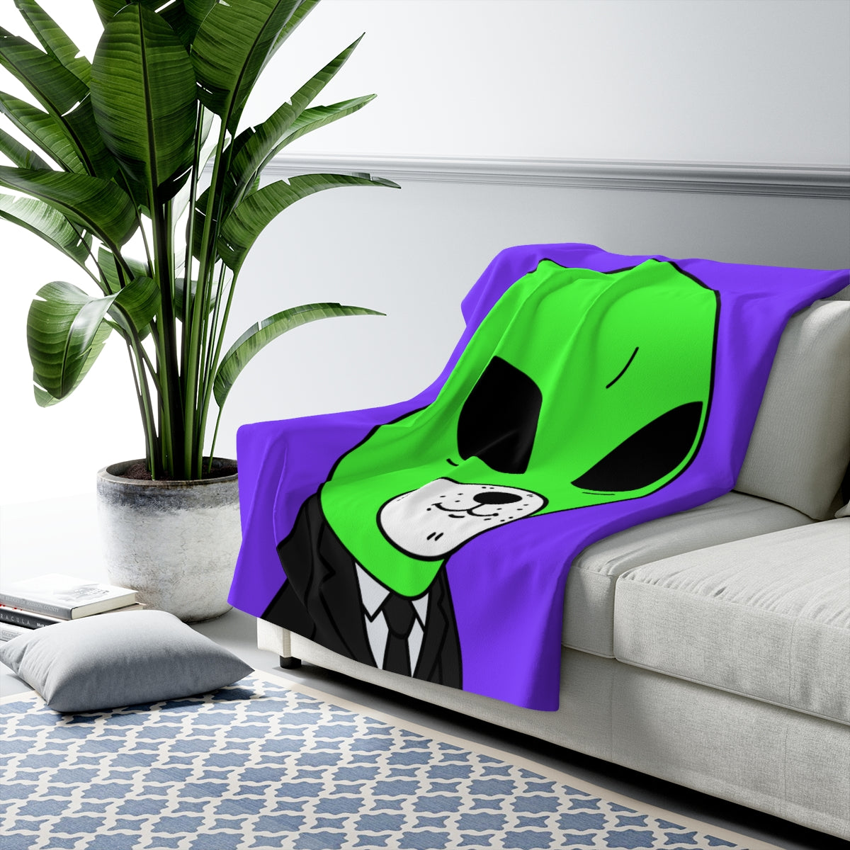 Green Alien Business Suit Dog Face Visitor Sherpa Fleece Blanket
