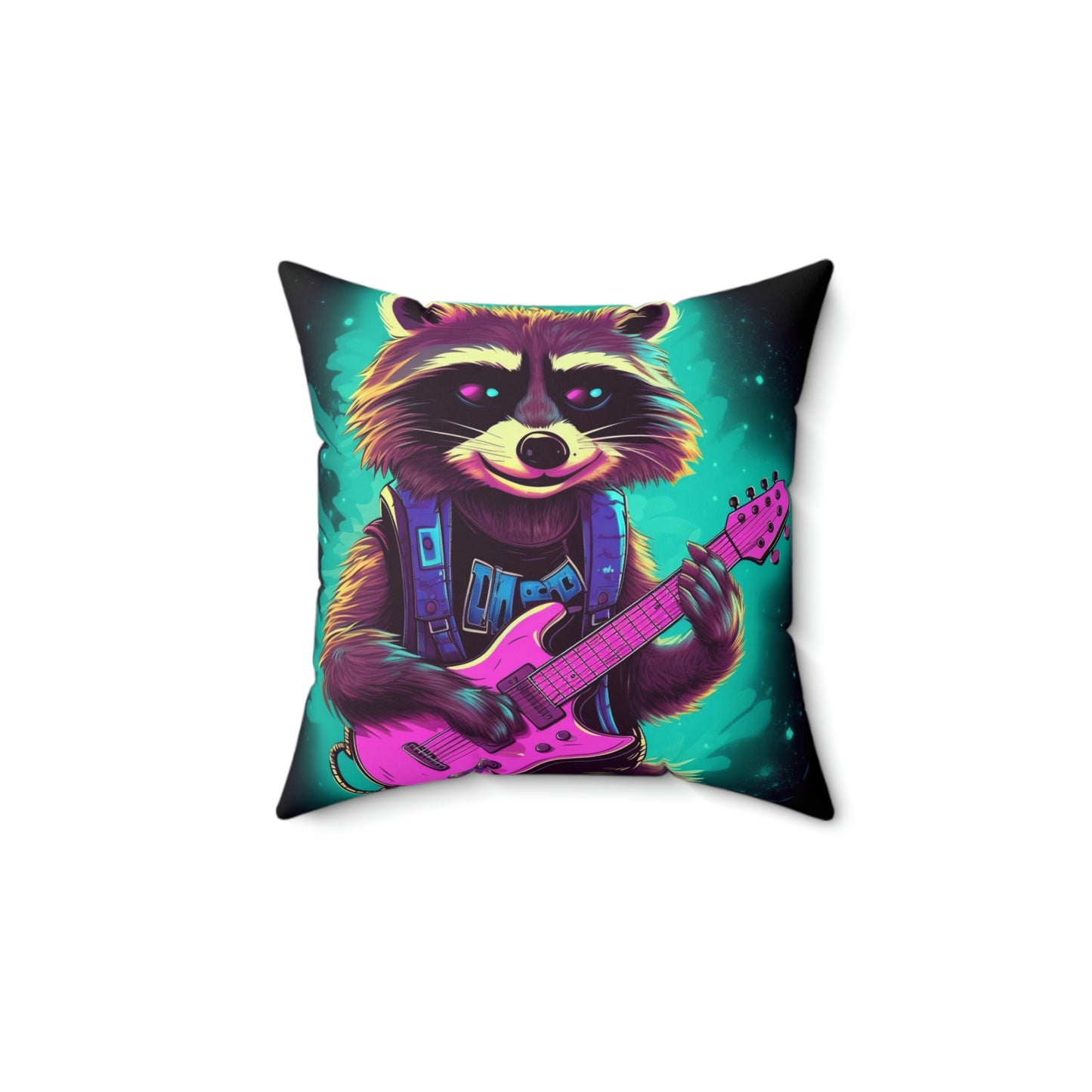 Raccoon Guitar Music Player Furry Animal Rock Star Spun Polyester Square Pillow