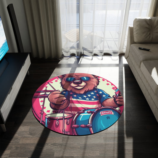 Drumroll for Freedom: Celebrate 4th of July with the Patriotic Bear's Rhythms Round Rug