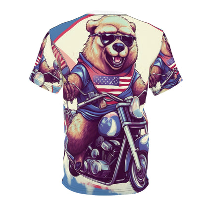 Roaring American Pride: Patriotic Bear 4th of July Motorcycle Adventure Unisex Cut & Sew Tee (AOP)