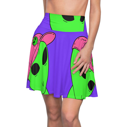 Green Alien V Face Pink Visi hat Visitor Women's Skater Skirt