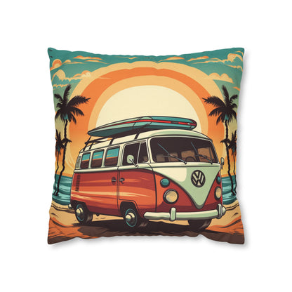 Retro Beach Camper Van - Sunset Surfboard Scene Spun Polyester Square Pillow Case