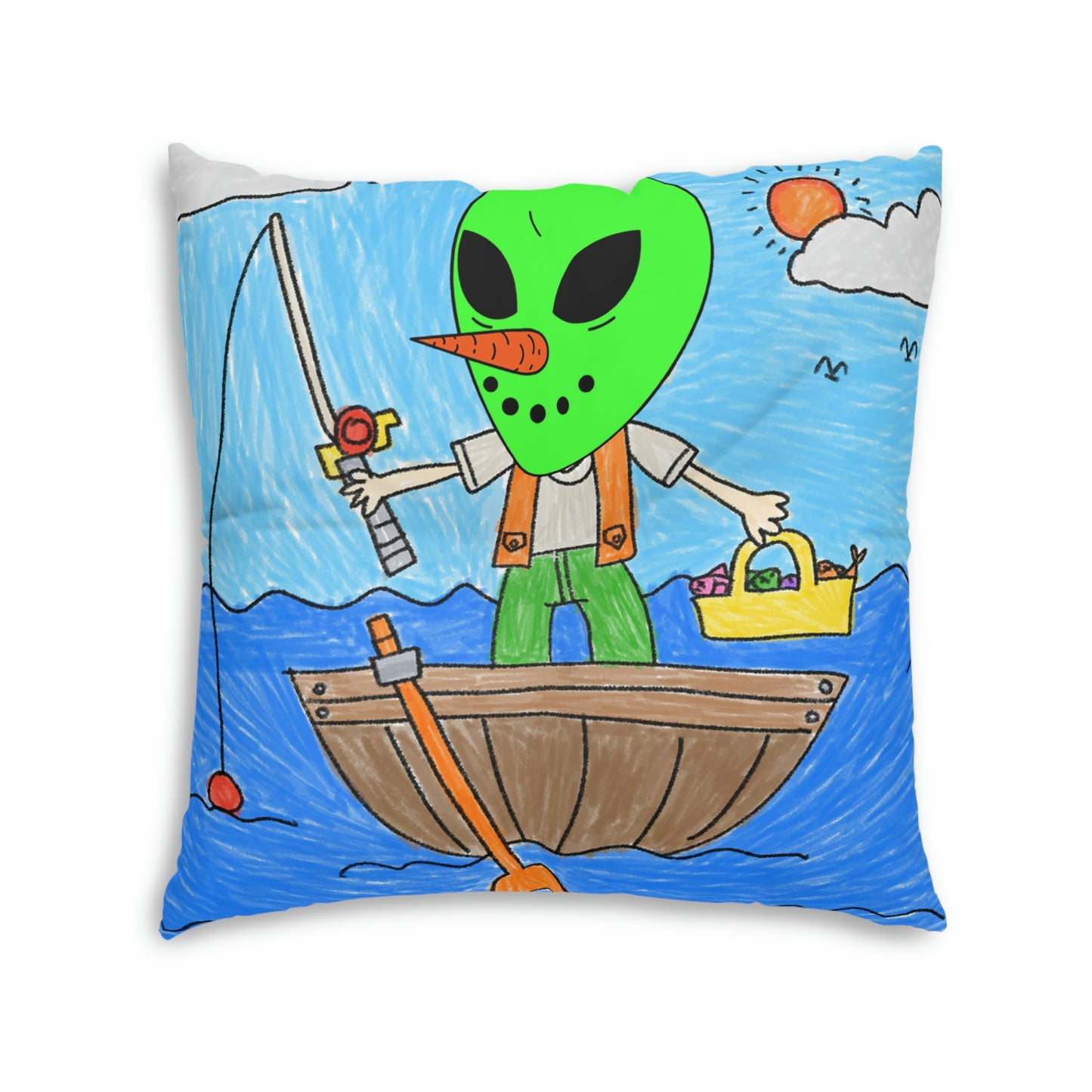 Sea Fish Hunter Veggie Visi Vegetable Visitor Alien Tufted Floor Pillow, Square