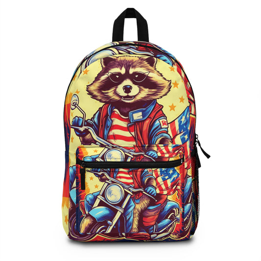 Red White and Blue American Raccoon Biker Motorcyclist Graphic Backpack