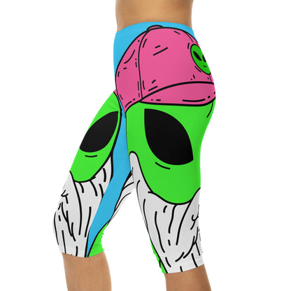 Beard Visitor Pink Hat Alien Cartoon Women’s Capri Leggings (AOP)