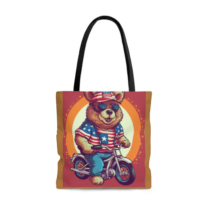 Biking with American Pride: Celebrate 4th of July with the Patriotic Bear's Ride Tote Bag (AOP)