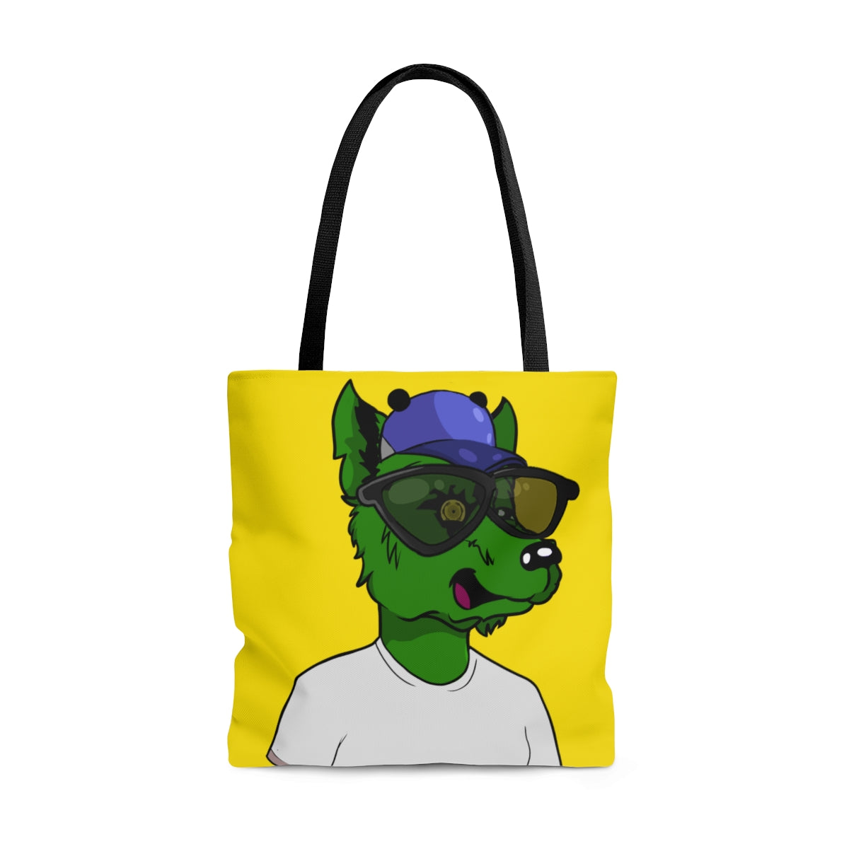 Cyborg Wolve Gafas de sol negras grandes Piel de lobo verde Camiseta blanca AOP Bolsa de tela 