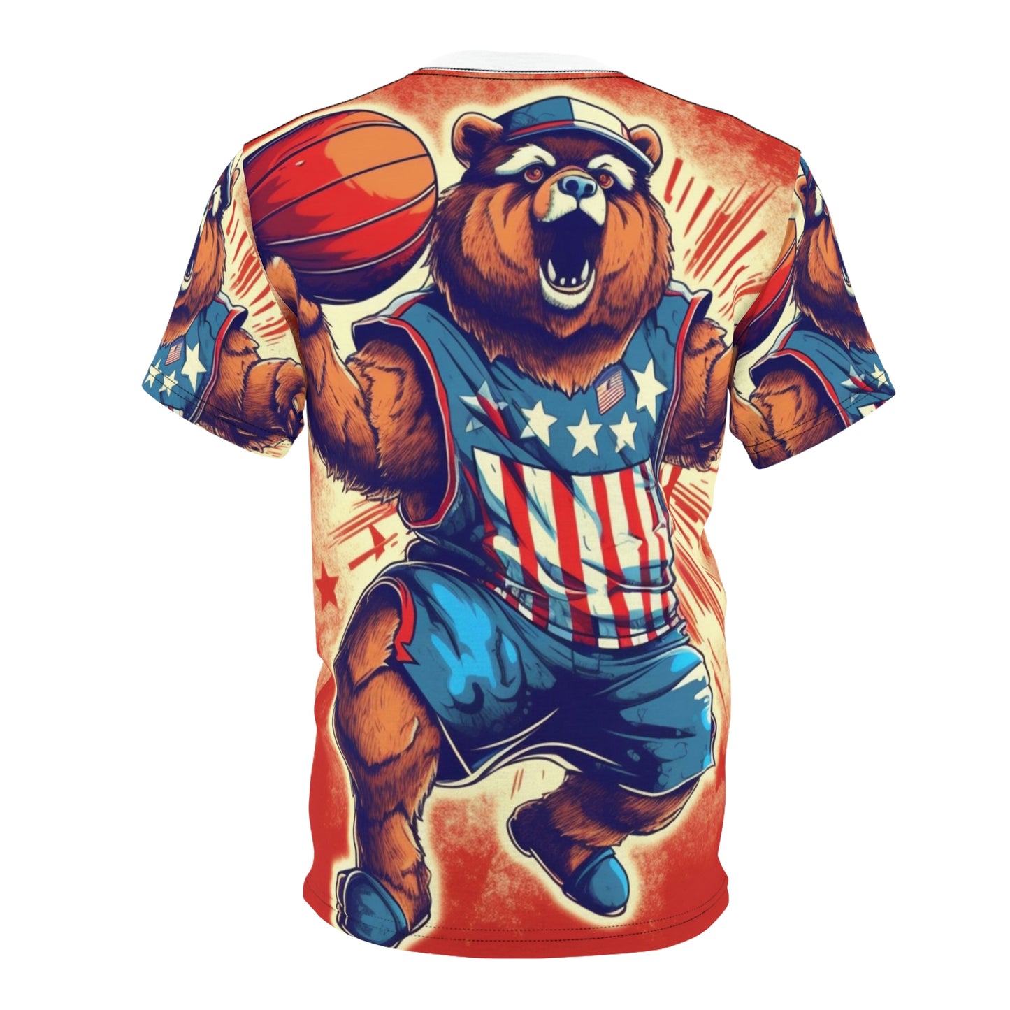 Slam Dunk for Independence:Patriotic Bear's 4th of July Basketball Game Unisex Cut & Sew Tee (AOP)